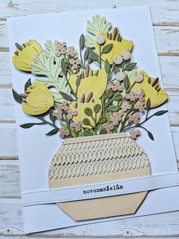 Přání ruční výroba - Květiny ve váze 2 - 1 ks