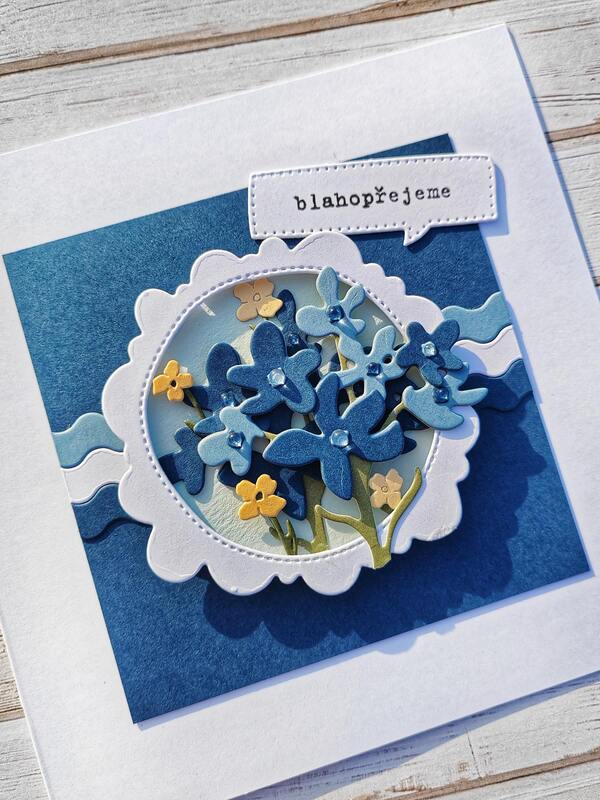 Přání ruční výroba - Modrá kvítka - 1 ks