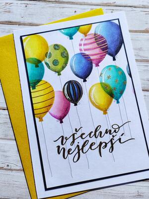 Přání ruční výroba - Balónky se zlatým nápisem - 1 ks