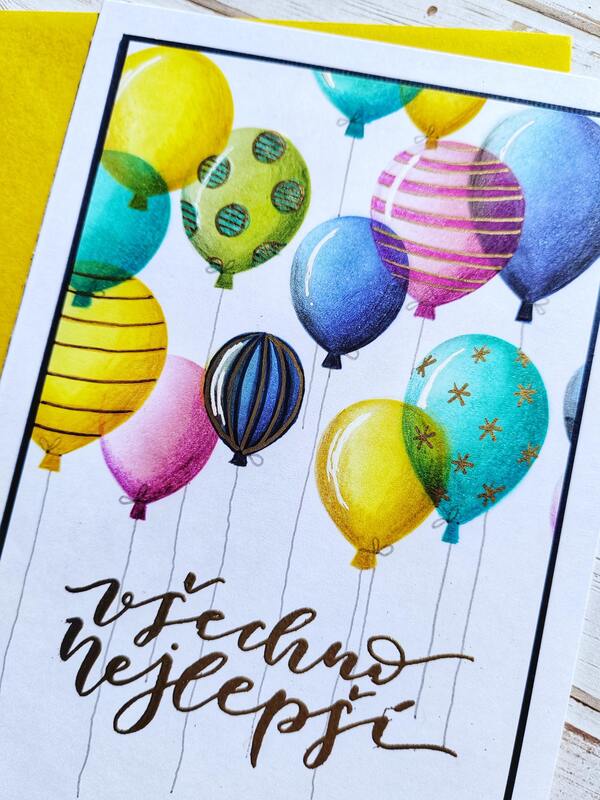 Přání ruční výroba - Balónky se zlatým nápisem - 1 ks