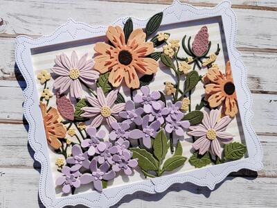 Přání ruční výroba - Rozkvetlá louka v bílém rámečku - 1 ks