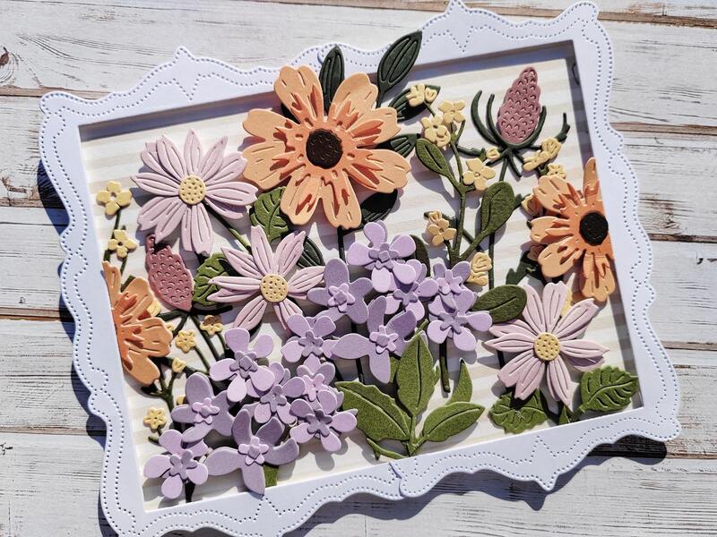 Přání ruční výroba - Rozkvetlá louka v bílém rámečku - 1 ks