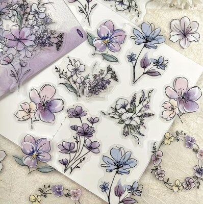 Průhledné samolepky "kreslené květiny fialové" - sada 10 ks