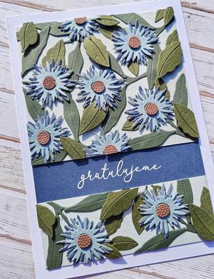 Přání ruční výroba - Modrá kvítka 2 - 1 ks