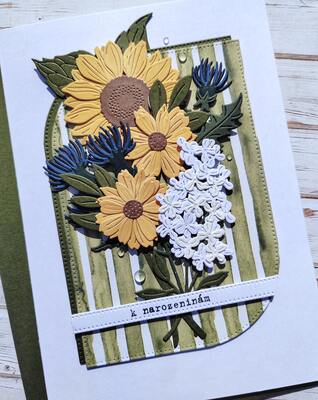 Přání ruční výroba - Slunečnice a šeřík - 1 ks