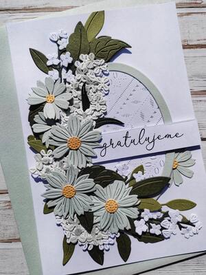 Přání ruční výroba - Kvítka a šeřík - mint barva - 1 ks