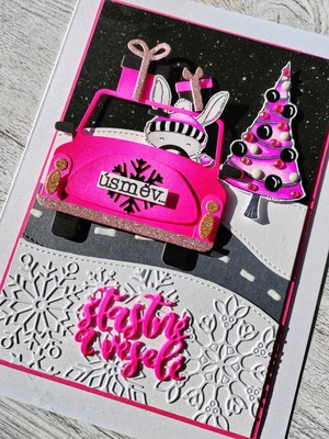 Přání ruční výroba - Vánoční auto zajíček - 1 ks