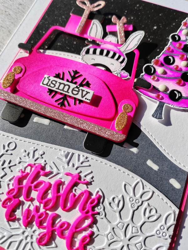 Přání ruční výroba - Vánoční auto zajíček - 1 ks