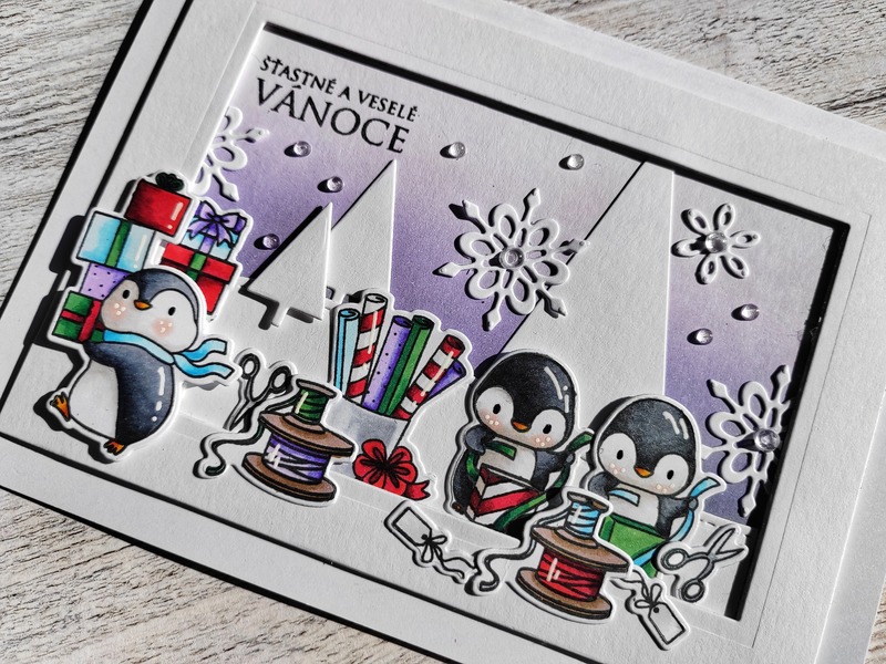 Přání ruční výroba - Tučňáci s dárky - 1 ks