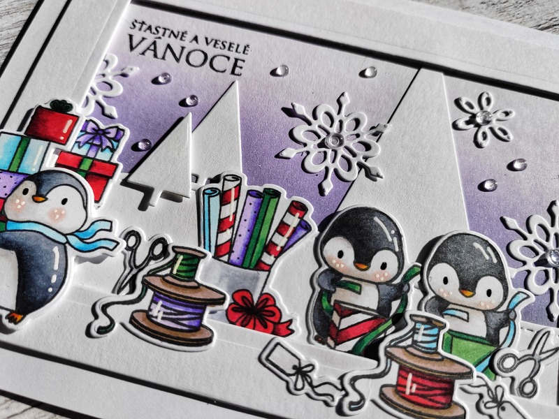 Přání ruční výroba - Tučňáci s dárky - 1 ks