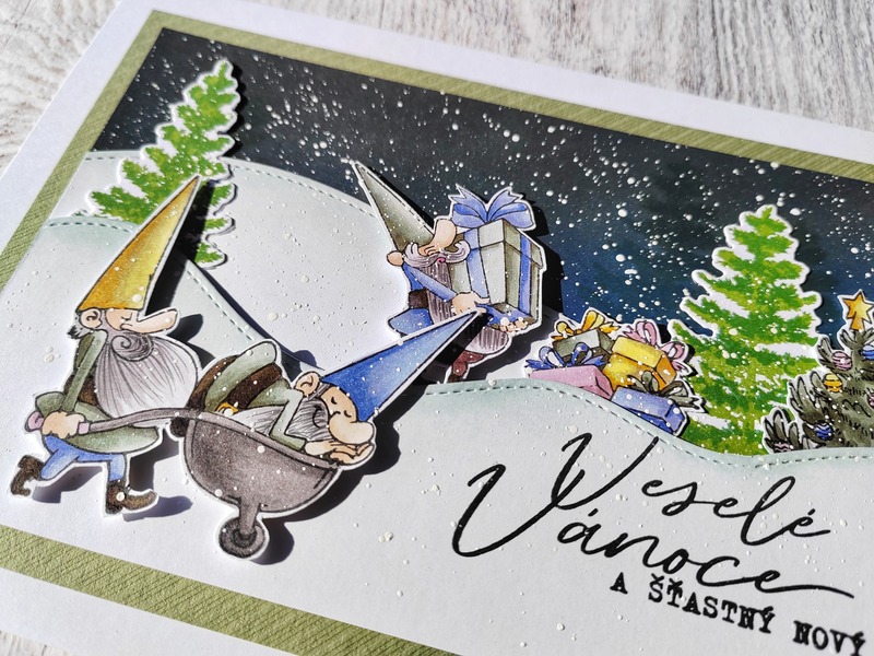 Přání ruční výroba - Veselé Vánoce skřítci s dárky