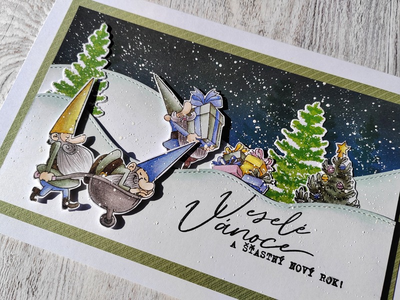 Přání ruční výroba - Veselé Vánoce skřítci s dárky