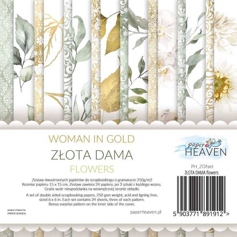 Sada oboustranně potištěných papírů PAPER HEAVEN 6x6" - Woman in gold_Flowers - sada 24 listů