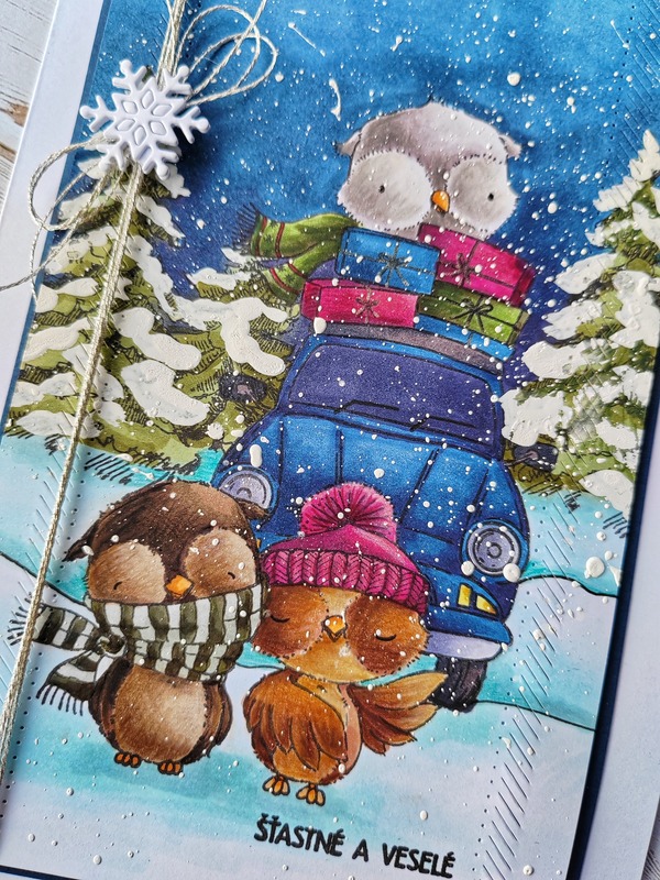 Přání ruční výroba - Vánoční sovy auto