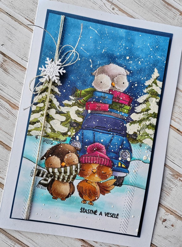 Přání ruční výroba - Vánoční sovy auto