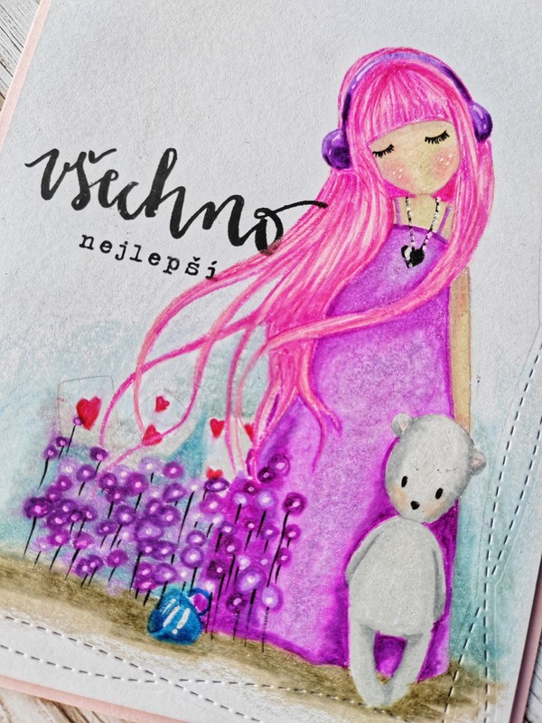 Přání ruční výroba - Panenka Santoro - růžová