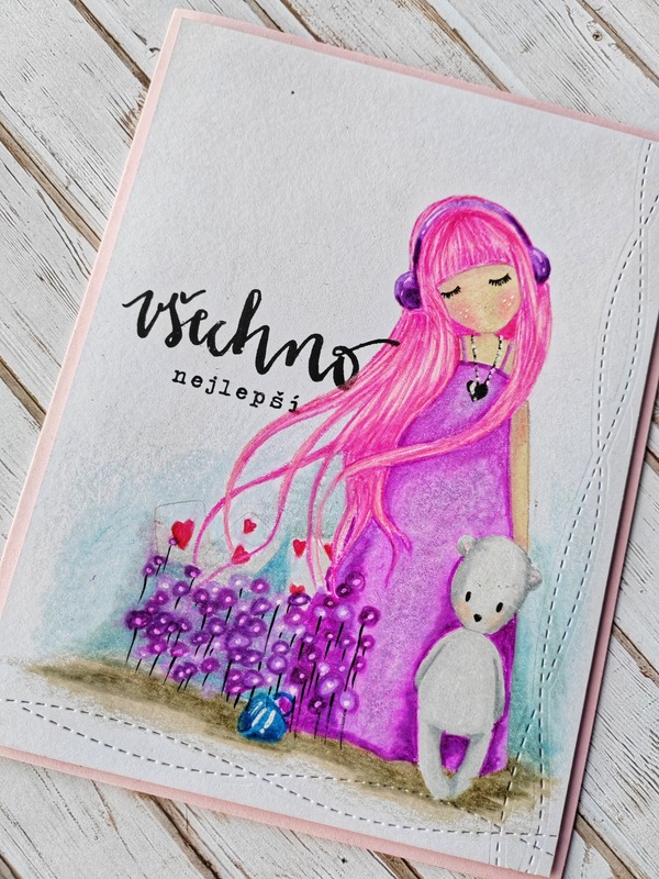 Přání ruční výroba - Panenka Santoro - růžová