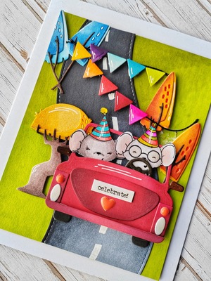 Přání ruční výroba - Myšky na výletě - 1 ks