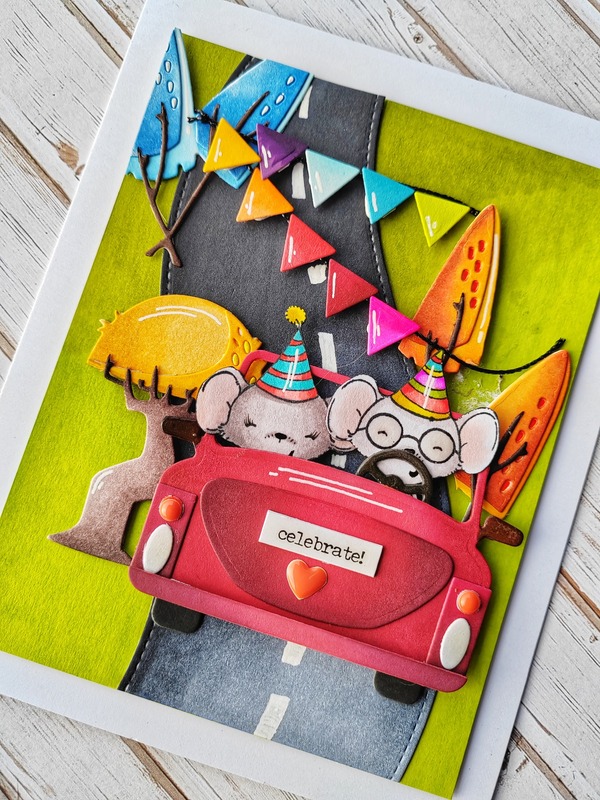 Přání ruční výroba - Myšky na výletě - 1 ks