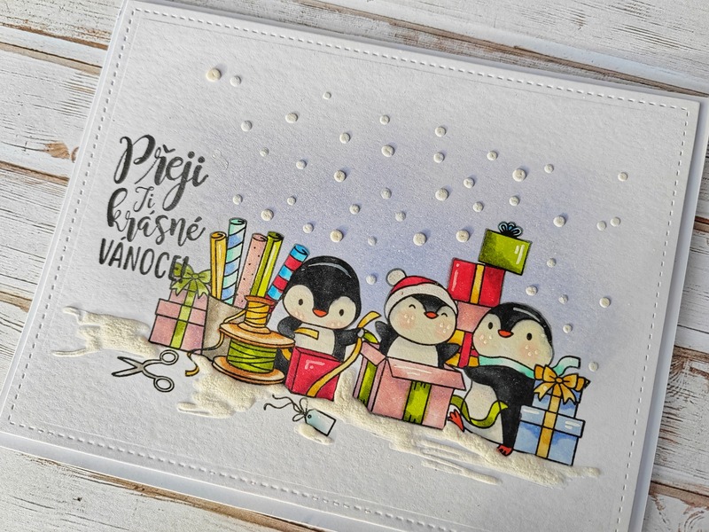 Přání ruční výroba - Tučňáci balí dárky - 1 ks