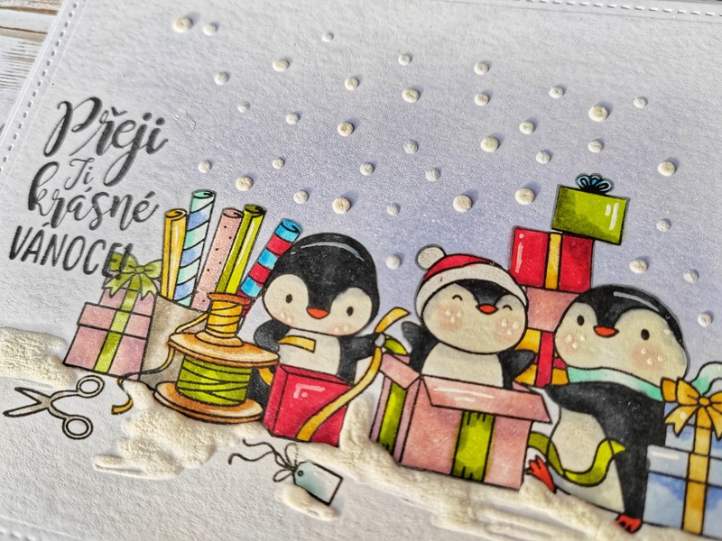 Přání ruční výroba - Tučňáci balí dárky - 1 ks