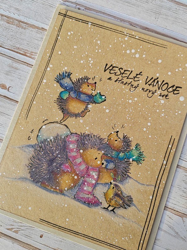 Přání ruční výroba - Ježci ve sněhu