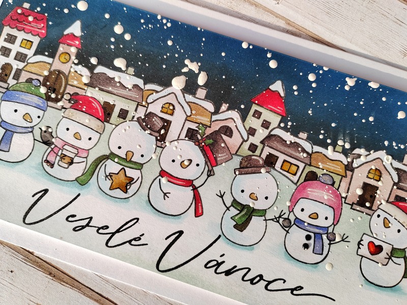 Přání ruční výroba - Sněhuláci a městečko