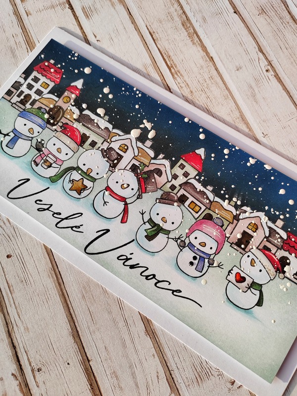 Přání ruční výroba - Sněhuláci a městečko