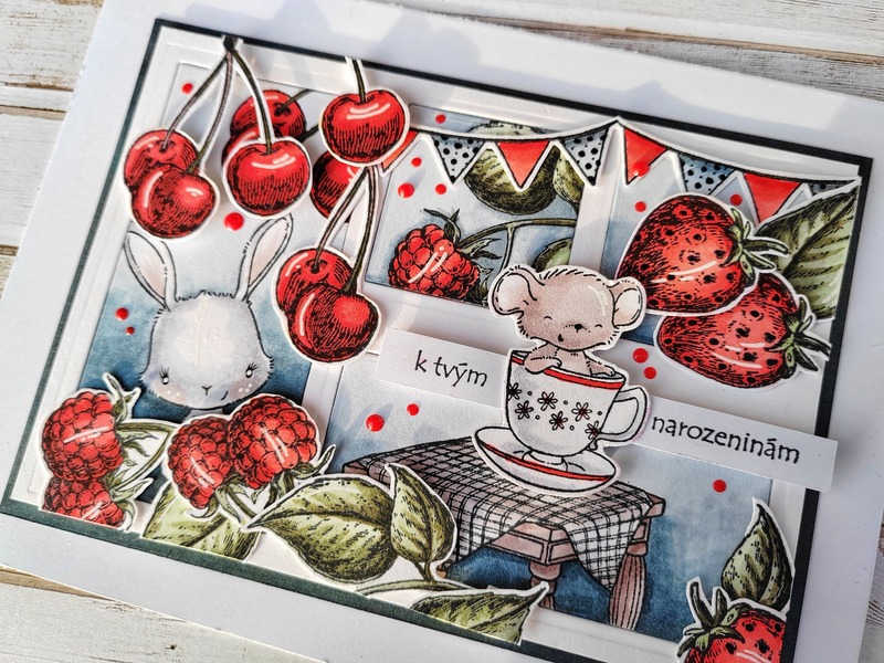 Přání ruční výroba - Narozeniny ovoce a myška